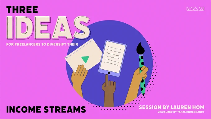 Illustrated notes from an Adobe MAX session providing information on how freelancers can diversify their income streams.