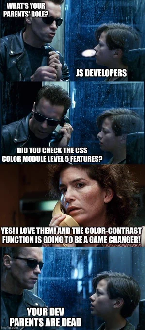 Meme from terminator 2 showing a phone conversation:

Terminator: what's your parents' role?
Kid: JS developers
Terminator: did you check the CSS color module level 5 features?
Mother: yes! I love them! The color-contrast function is going to be a game changer!
Terminator: your dev parents are dead