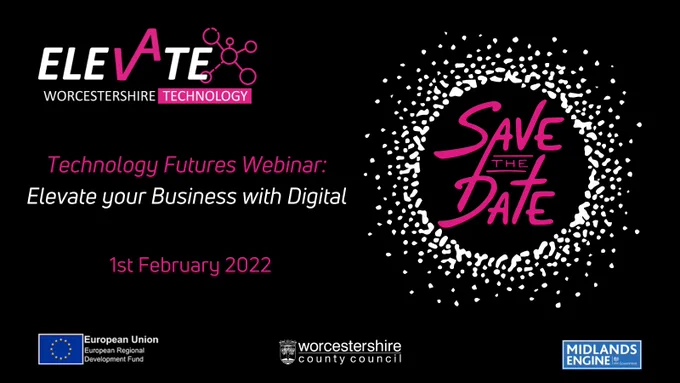 Save the Date in pink text on black background with Elevate logo.