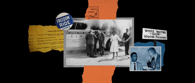 Photo collage with, from left, a tear sheet of a Freedom Ride itinerary; a button that says Freedom Ride CORE; black and white photo of smoke coming out of bus windows with Freedom Riders standing in front of the bus; a bloodied John Lewis and a bloodied white man with a finger in his mouth; a sign that says "White Waiting Room - Intrastate passengers"