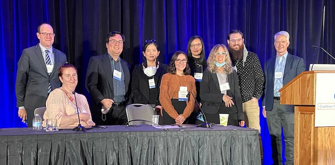 Pictured from left to right: Erik Mitchell (LEADING PI), Jennifer Proctor, Jonathan Young, Hyunseung Koh, Lencia Beltran, Emily Ping O'Brien, Jane Greenberg (LEADING PI), Jay Winkler, and Kenning Arlitsch (LEADING PI).