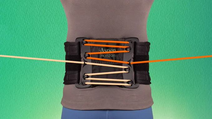 Green background with an image of the Aspen Horizon brace showing the 4;1 SlickTrack system.