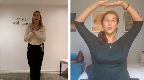Librarian Justine leads a dance class. 
Librarian Chelsea leads a quick library yoga session. Both are available on instagram @ https://www.instagram.com/brockuniversitylibrary/channel/