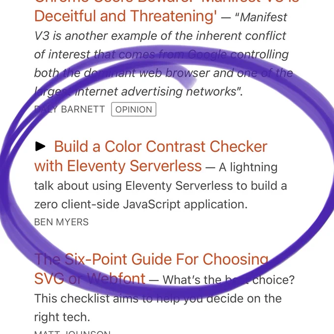 ▶  Build a Color Contrast Checker with Eleventy Serverless — A lightning talk about using Eleventy Serverless to build a zero client-side JavaScript application. By  BEN MYERS — a link to a recorded talk.