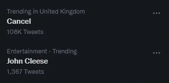 Two topics on the Twitter trending list: 1. Cancel; 2. John Cleese