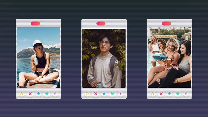 Images of a dating app interface on top of a dark blue gradient background. The three profile photos show a young woman sitting on a paddle board with beautiful mountains behind her, holding a can. The second one is a young man standing in some foliage, wearing a backpack, the top of a similar can visible in his hand. The third image is of four women sitting by a pool, pouring drinks out of a blue bottle. 