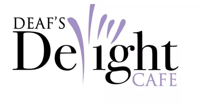 Image of Deaf's Delight Cafe logo, an illustration of "Love you" ASL sign in purple on white background with text "Deaf's Delight" n black text and "Cafe" in purple text