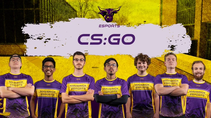 Text saying: CS:GO. Maverick Esports logo depicted above text. 7 players wearing Maverick Esports jerseys are featured below text. 