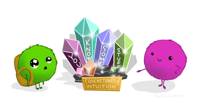 A friendly fuzzy monster showing a student monster some crystals labeled "Touchstones of intuition," with text on crystals "you know some stuff."