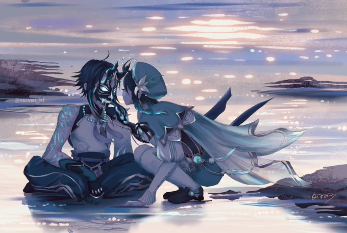 genshin impact fanart: xiao and venti sit on a riverbank together as the sunset to tinges the water pink and purple