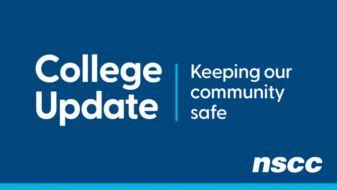 A Graphic design with a blue background. White text reads: College Update, Keeping our community safe