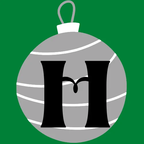 Green background with a grey and white bauble, with a black letter 'H' in the centre. 