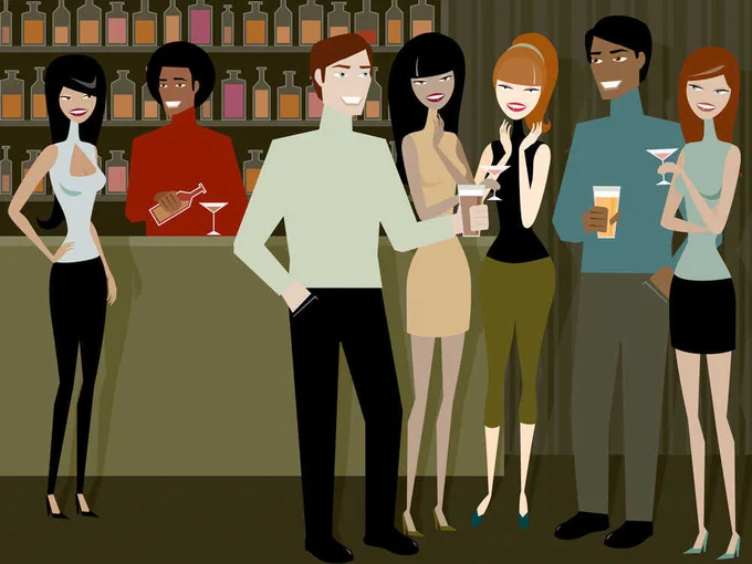 cartoon of people standing and talking at a bar with drinks in hand