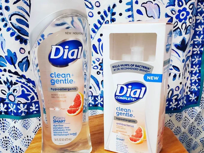 Dial Clean   Gentle Grapefruit Body Wash and Foaming Hand Wash in front of a shower curtain.