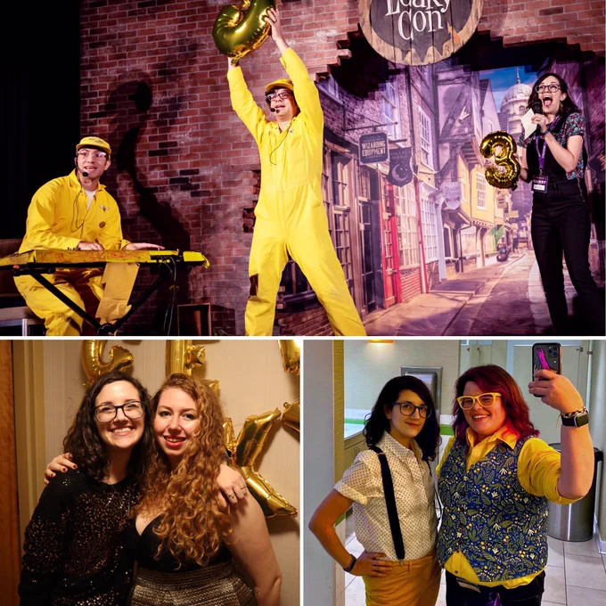 Three photos of Lauren with friends: one with Harry and the Potters, one with Olivia Dolphin, and one with Tonks and the Aurors.