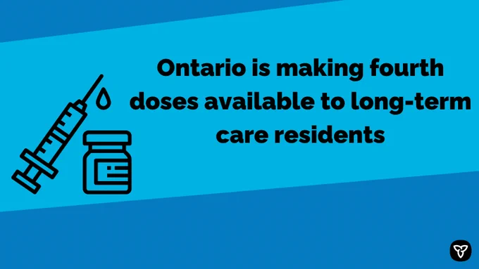 Graphic of a vaccine with a vial 
Text Image: Ontario is making fourth doses available to long-term care residents
