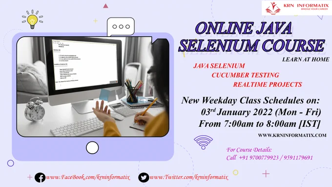 Best Selenium   Java   Cucumber   Real Time Projects Training in Bangalore. New Batches Schedules 
WEEKDAY - 03/01/2022 -07:00 am - 08:00 am - Morning