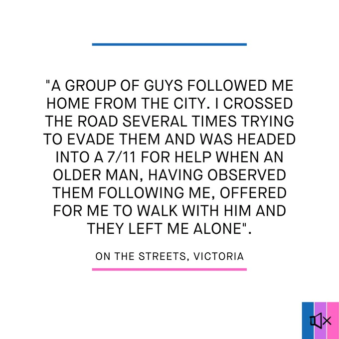 A story of street harassment in Victoria: "A group of guys followed me home from the city. I crossed the road several times trying to evade them and was headed into a 7/11 for help when an older man, having observed them following me, offered for me to walk with him and they left me alone".