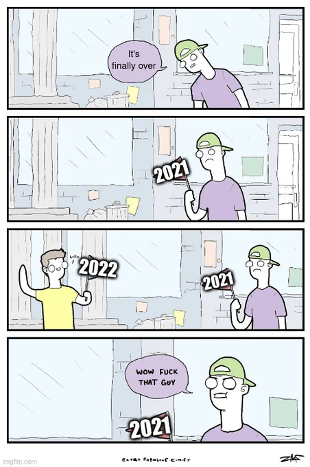 Meme:
"It's finally over" [looks at 2021]
2022: "hello"
"Wow fuck that guy"