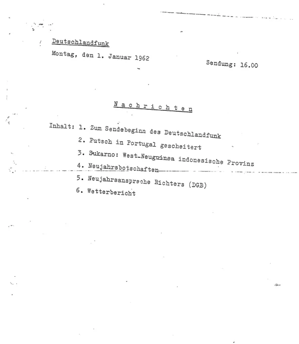 Das Deckblatt der ersten Ausgabe der Dlf-Nachrichten. Es geht um den Sendebeginn, einen Putsch in Portugal, um West-Neuguinea, Neujahrsbotschaften und das Wetter.