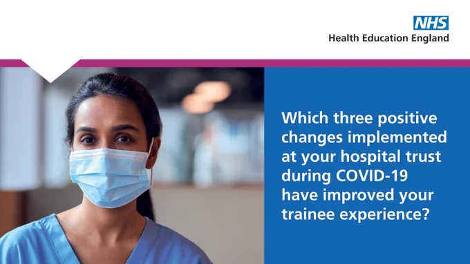 Image of trainee doctor wearing face mask with a question about trainee experience