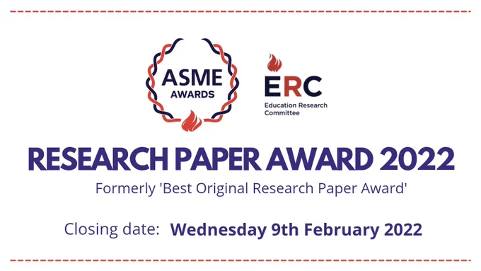 The ASME Awards logo and the ERC logo, on top of the heading 'Research Paper Award 2022'. The subheading reads 'Formerly 'Best Original Research Paper Award'. A second subheading reads 'Closing date: Wednesday 9th February 2022'.