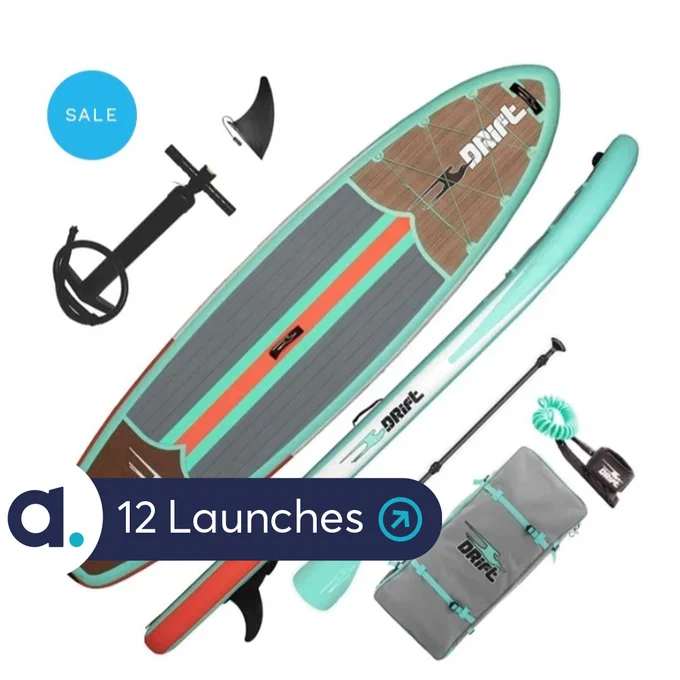 A photo of an inflatable paddleboard, pump, paddle and accessories.