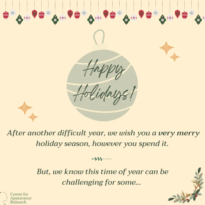 A light green Christmas tree ornament in the middle of the image reads, “Happy Holidays”. The background is yellow with green, red, and white ornaments lining the top of the image. Text below it reads, “After another difficult year, we wish you a very merry holiday season, however you spend it. But, we know this time of year can be challenging for some…” 