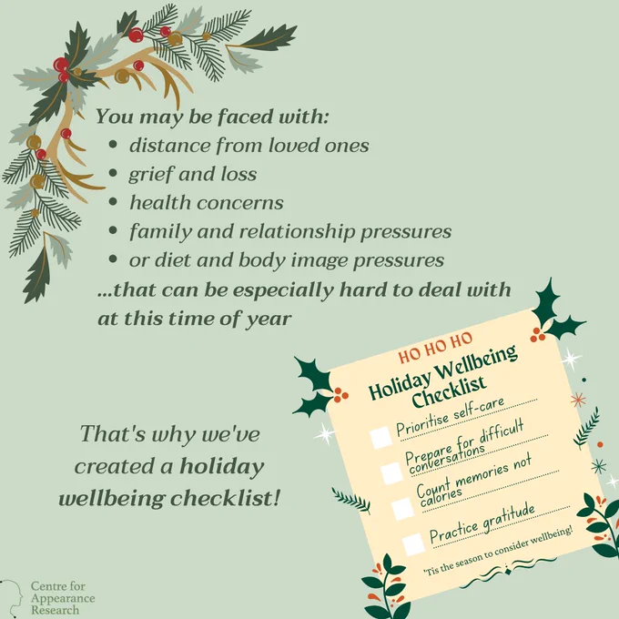 Text on a light green background lists challenges you may be faced with over the holidays. In the right-hand corner is a beige-coloured holiday wellbeing checklist that lists, Prioritise self-care, prepare for difficult conversations, count memories not calories, and practice gratitude.