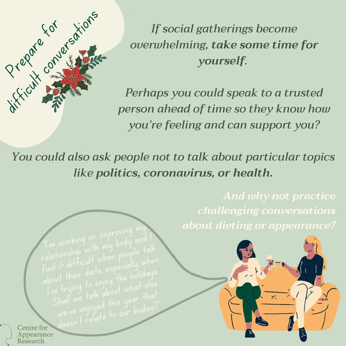Text on a light green background provides suggestions to prepare for difficult conversations, such as take some time for yourself, speak to a trusted person ahead of time so they know how you’re feeling and can support you, and to ask people not to talk about particular topics like politics, coronavirus, or health. In the bottom right are two animated characters sitting on a sofa talking. 