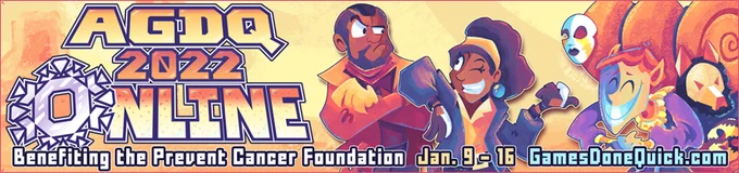 AGDQ 2022 Official banner 3/4: a group of characters staring at each othe, some smiling some grumpy