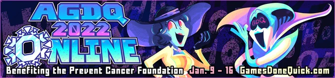 AGDQ 2022 Banner 4/4: a lady from Resident Evil 8 staring on to a ghost