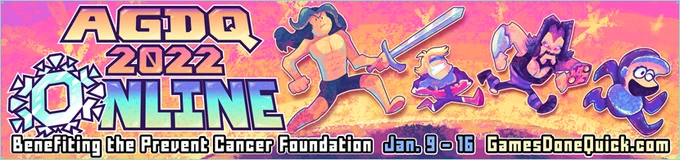 AGDQ 22 official banner 1/4: 4 characters from the awful block running along