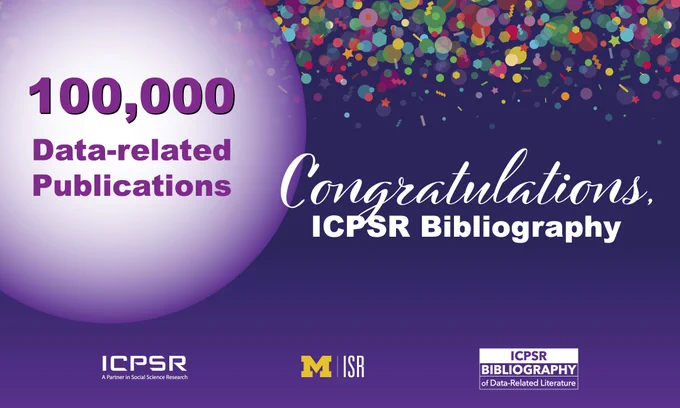 A purple and white image celebrating ICPSR's Bibliography with over 100,000 citations for data-related publications
