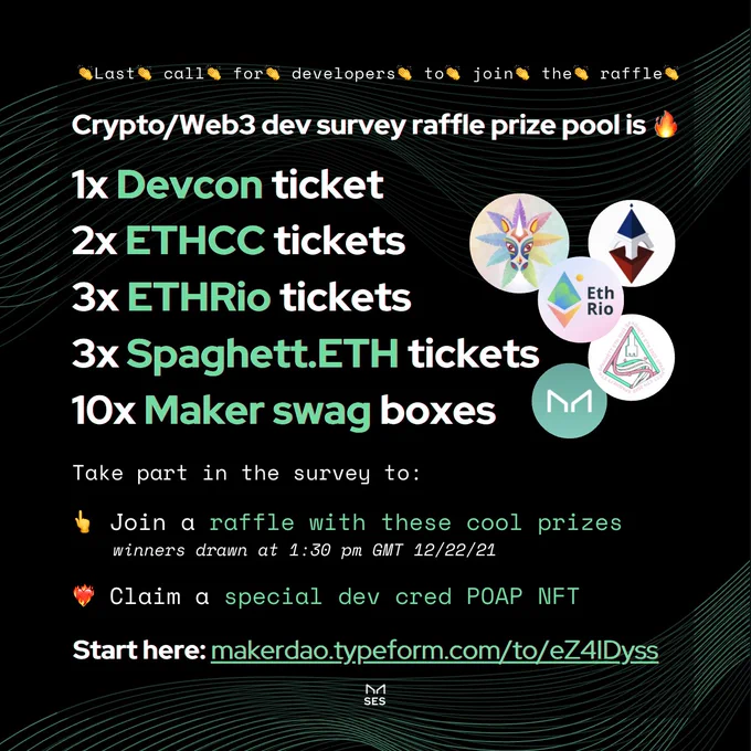 Join the global Web3 crypto developer study to help improve the developer ecosystem! 
All participants get rewarded with POAP NFTs and have a chance to win the raffle for prizes including Devcon, ETHCC, ETHRio, and SpaghettETH conferences   10 MakerDAO swag care packages!
Participate today to be eligible for the raffle: https://makerdao.typeform.com/to/eZ4IDyss
