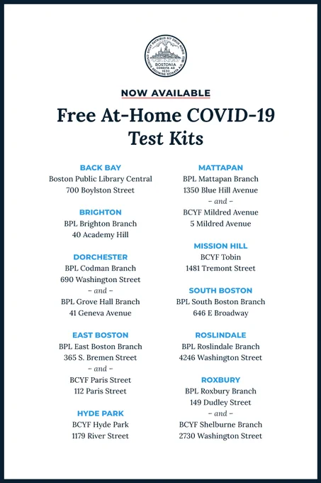 NOW AVAILABLE: Free At-Home COVID-19 Test Kits
BACK BAY
Boston Public Library Central
700 Boylston Street

BRIGHTON
BPL Brighton Branch
40 Academy Hill

DORCHESTER
BPL Codman Branch
690 Washington Street– and –
BPL Grove Hall Branch
41 Geneva Avenue

EAST BOSTON
BPL East Boston Branch
365 S. Bremen Street
– and –
BCYF Paris Street
112 Paris Street

HYDE PARK
BCYF Hyde Park
1179 River Street

MATTAPAN
BPL Mattapan Branch
1350 Blue Hill Avenue
– and –
BCYF Mildred Avenue
5 Mildred Avenue

MISSION HILL
BCYF Tobin
1481 Tremont Street

SOUTH BOSTON
BPL South Boston Branch
646 E Broadway

ROSLINDALE
BPL Roslindale Branch
4246 Washington Street

ROXBURY
BPL Roxbury Branch
149 Dudley Street
– and –
BCYF Shelburne Branch
2730 Washington Street