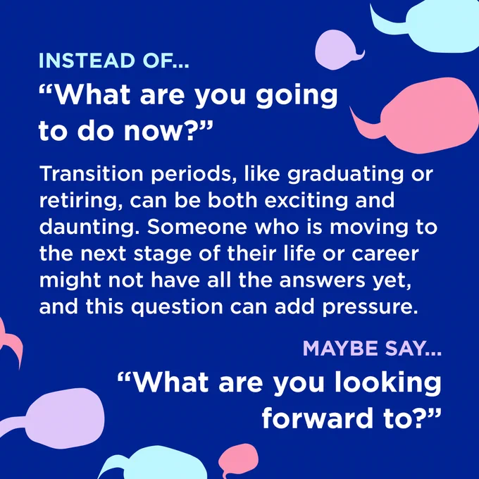 White text surrounded by coloured speech bubbles on a dark blue background.

Instead of...
"What are you going to do now?"

Transition periods, like graduating or retiring, can be both exciting and daunting. Someone who is moving to the next stage of their life or career might not have all the answers yet, and this question can add pressure.

Maybe say...
"What are you looking forward to?"