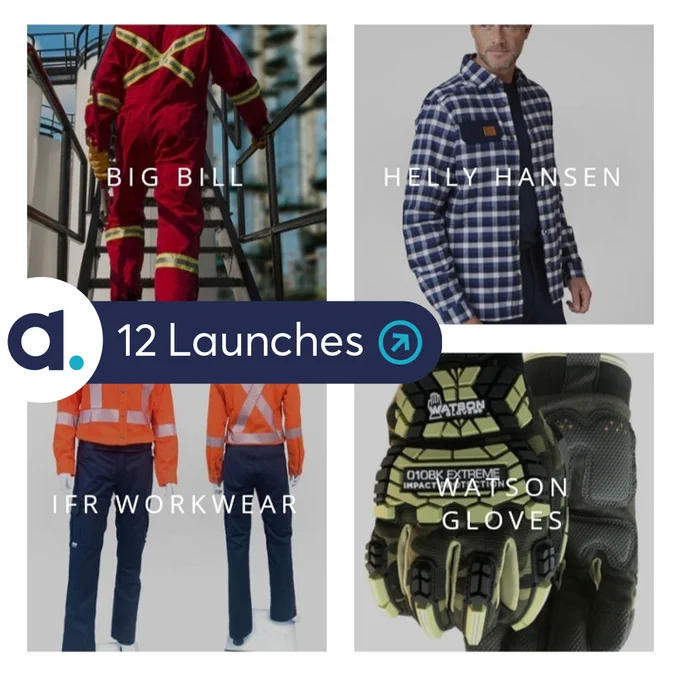 Four images of workwear: a bright coverall, a flannel workshirt, reflective gear, work gloves.