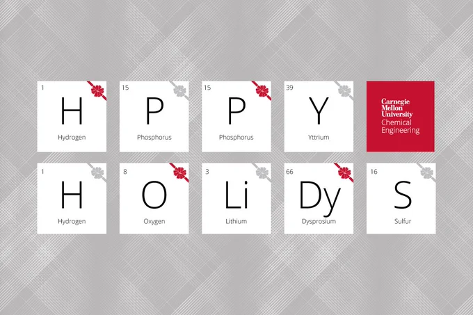 Digital Holiday Card: Grey patterned background with elements from the periodic table spelling Hppy Holidys - H = Hydrogen, P = Phosphorus, Y = Yttrium, 0 = Oxyegen, Li = Lithium, Dy = Dysprosium, S = Sulfur