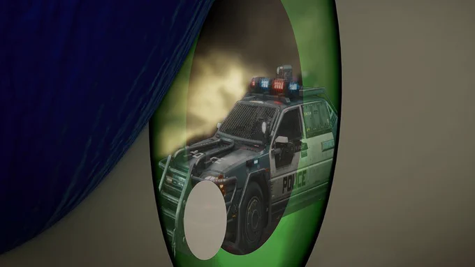 Screenshot from Sonic Frontiers with a police car in the reflection of Sonic's eye.