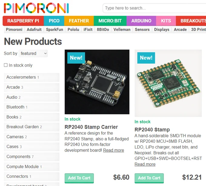 Pimoroni's website showing the RP2040 Stamp and Carrier listed