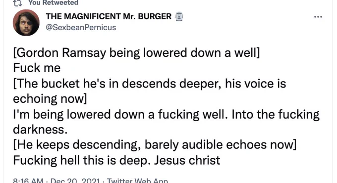 [Gordon Ramsay being lowered down a well] 
Fuck me
[The bucket he's in descends deeper, his voice is echoing now]
I'm being lowered down a fucking well. Into the fucking darkness.
[He keeps descending, barely audible echoes now]
Fucking hell this is deep. Jesus christ