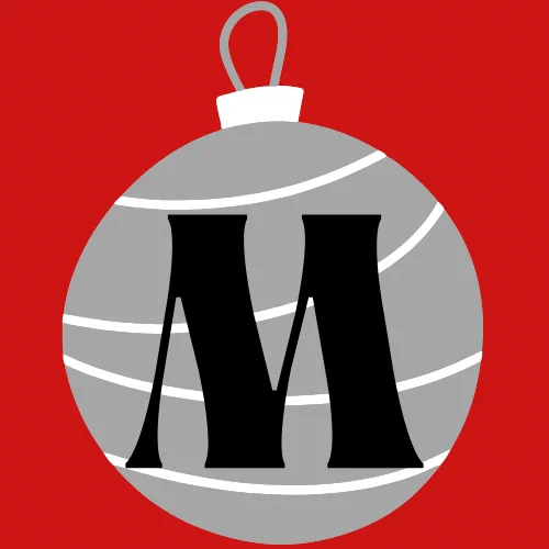 Red background with grey and white bauble with black letter 'M' in the centre