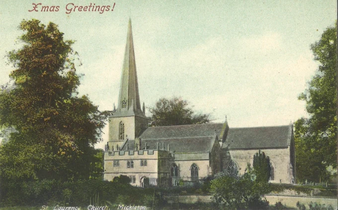 Painting of church surrounded by trees, with 'Xmas Greetings' written in red at the top
