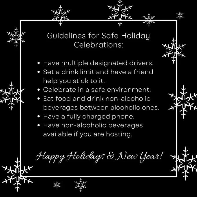Guidelines for safe holiday celebrations: Have multiple designated drivers.  Set a drink limit and have a friend help you stick to it. Celebrate in a safe environment. Eat food and drink non-alcoholic beverages between alcoholic ones. Have a fully charged phone.  Have non-alcoholic beverages available if you are hosting. Happy holidays and New Year!