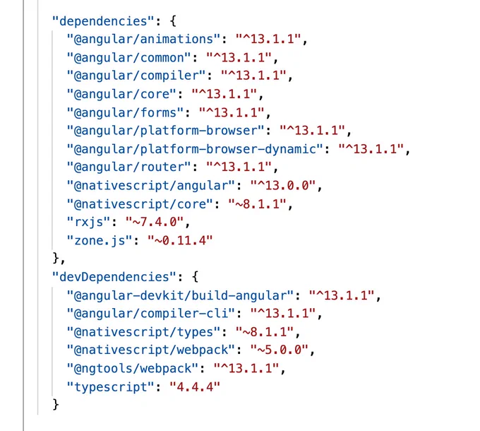 Angular 13 dependencies with NativeScript.