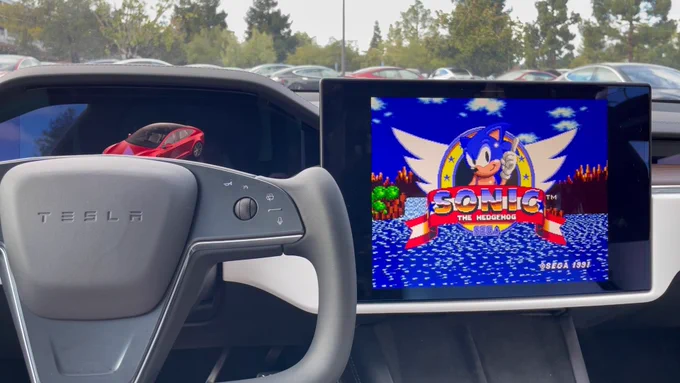 Interior of a Tesla with Sonic the Hedgehog on the screen