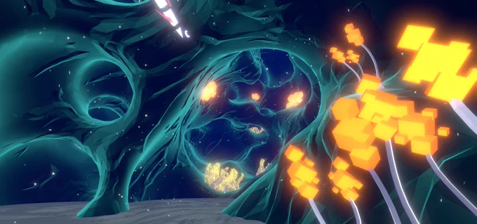 Screenshot of the biofeedback game DEEP. It features an underwater world with tunnels, illuminating flowers, and a fish swimming by. 
