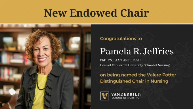 Image announces Jeffries' new title and concratulates her. In her headshot (to the left of the image) she's wearing a grey jacket over a chartreuse top. The backdrop appears to be a blurred bookcase.