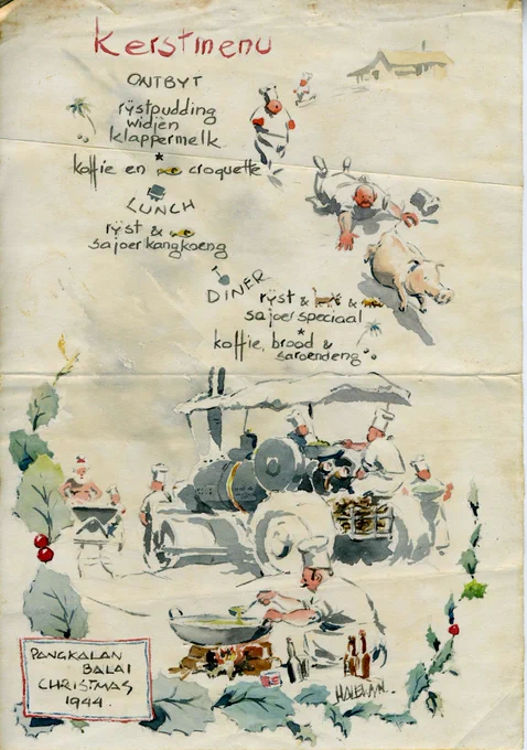 Een aquarel waarop een kerstmenu is geschreven met voorstellingen van koks die achter een varken aan zitten, koken in een buitenkeuken en in een wok en een Kerstman met ontbloot bovenlijf. Onderaan een versiering van hulstbladeren.